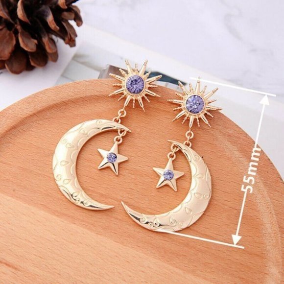 New 18K Gold Plated Brass Amethyst Sun Moon & Star Earrings lol - Picture 3 of 4